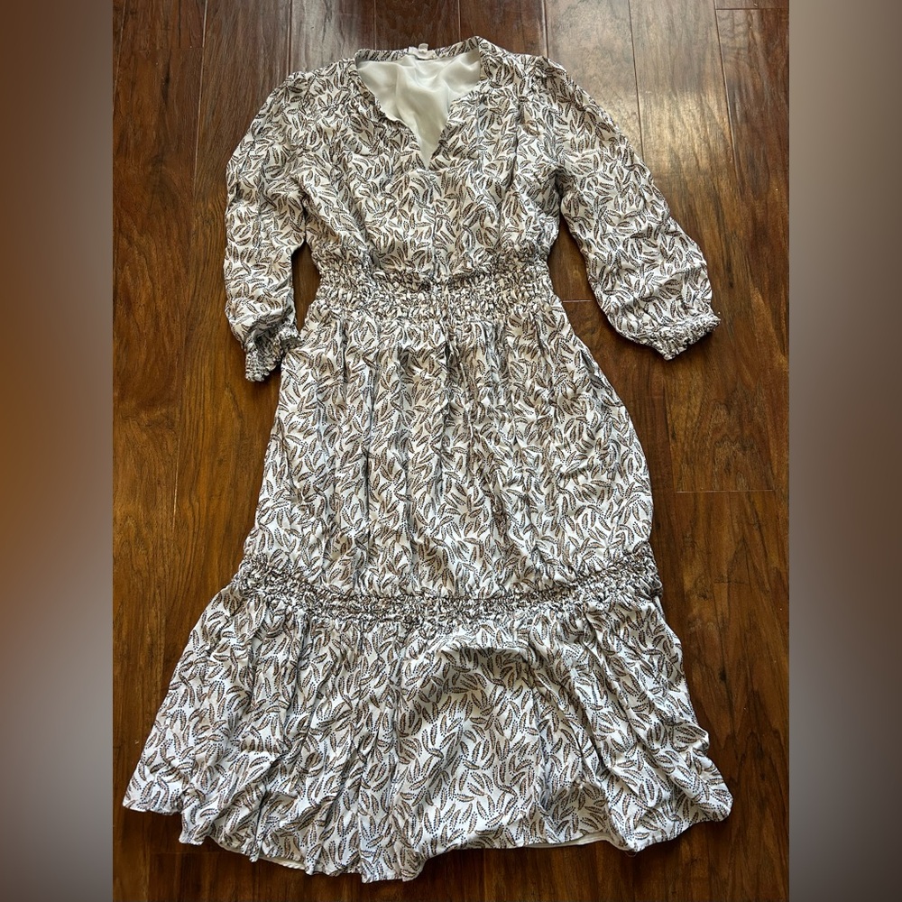 Women’s Cream and Brown Leaf-Print Maxi Dress